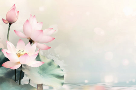 Watercolor pastel color lotus background vector with free space for text, lotuses and water lilies in the corners of the frame, pastel colors, blurred background, bokeh effect, detailed illustration, high resolution, professional photograph. The ultra-wide-angle lens captures an expansive view of the scene. --ar 3:2 --v 6.1 Job ID: 678e23e6-2785-4025-be38-e95506ea6d9fの素材