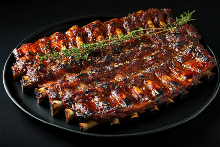 A large platter of perfectly grilled pork ribs, showcasing the meat's rich color and texture against an isolated black background. The ribs can be decorated with herbs like rosemary or thyme for added visual appeal. High-quality photographic style. --ar 3:2 --v 6.1 Job ID: 3441a684-8dfc-48f1-8c85-13a2a2529e25の素材