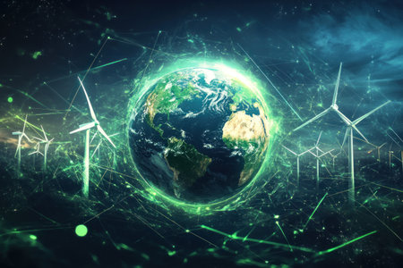 A digital illustration of the Earth surrounded by wind turbines and glowing green energy lines, symbolizing sustainable technology. The background is dark blue with soft light illuminating from behind the Earth. There's an airbrushed effect on some parts to give it a hand-drawn feel. It has an atmosphere that evokes calmness and tranquility. --ar 3:2 --v 6.1 Job ID: 86dca8e3-7ed6-44d2-9e7f-cfb4ba2cb79cの素材