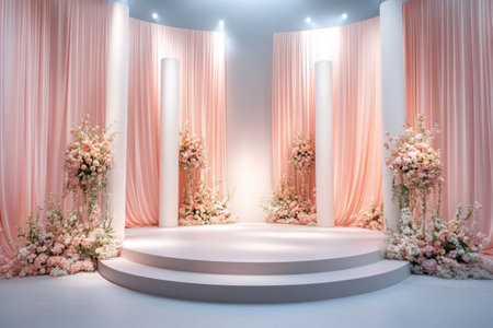 A large circular stage with pink curtains, light gray floor and wall background, three white columns on the left side of the stage, flower arrangements in front of each column, soft lighting from above illuminating the entire scene, creating an elegant atmosphere. The overall color scheme is mainly shades of pink and beige, creating a romantic and dreamy feeling. High-resolution photography style, detailed depiction of flowers and drapes, focusing on softness and delicacy, wide-angle lens perspective. --ar 3:2 --v 6.1 Job ID: abb64c2d-5cdf-4a65-9e03-62d591d200b7の素材