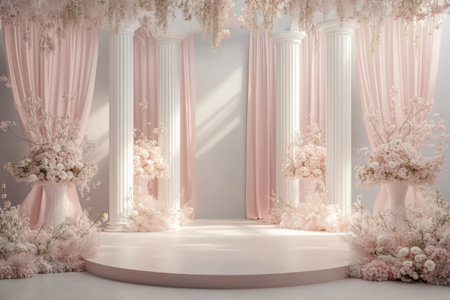 A large circular stage with pink curtains, light gray floor and wall background, three white columns on the left side of the stage, flower arrangements in front of each column, soft lighting from above illuminating the entire scene, creating an elegant atmosphere. The overall color scheme is mainly shades of pink and beige, creating a romantic and dreamy feeling. High-resolution photography style, detailed depiction of flowers and drapes, focusing on softness and delicacy, wide-angle lens perspective. --ar 3:2 --v 6.1 Job ID: abb64c2d-5cdf-4a65-9e03-62d591d200b7の素材