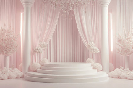 A light pink wedding stage with white curtains, flowers, and columns on the sides of the circular podium. A simple background with a minimalist style, clean floor, high-resolution photography, natural lighting, soft tones, no contrast, and subtle shadows. Rendered using Octane for an ultra-realistic appearance. --ar 3:2 --v 6.1 Job ID: bdca77d7-e834-4d89-af89-000bcc5422eeの素材