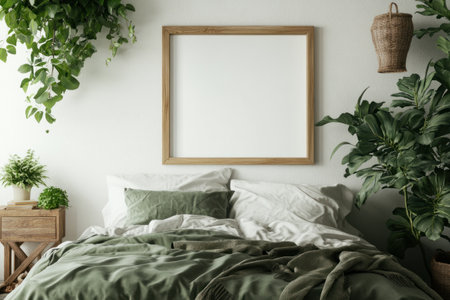3D rendering, mockup of a blank wooden frame on a white wall in a bedroom interior with a bed and nightstand decorated with plants, minimalist design, high-resolution photography, insanely detailed, fine details, isolated on a plain background, stock photo quality, natural lighting. --ar 3:2 --v 6.1 Job ID: e257186e-cc72-4de7-a882-d652b76c878dの素材