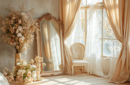 A photo of an elegant room with soft pastel curtains, vintage furniture, and delicate floral arrangements. A large mirror is placed on the wall near the window. The setting exudes romanticism and nostalgia, perfect for photography backdrops or product shots. --ar 26:17 --v 6.1 Job ID: f715f385-bcd9-470a-b8e3-f7543ce966a3の素材