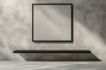3D render of a simple black, thin frame with a shelf on an empty wall background, in a minimalist style, high resolution. --ar 3:2 --v 6.1 Job ID: f080839e-7030-46cd-b1c4-10e2d25eb63dの素材