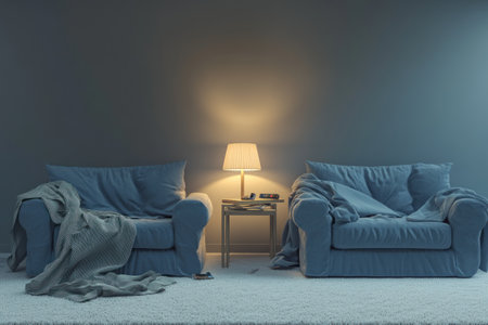 A simple living room with two blue sofas, white carpet, and gray walls. A table is placed between the two armchairs, on which there is an atmospheric lamp that illuminates part of one sofa. On top of it, we see some remote controls. The background has a gray color. In front of each couch, there is a blanket draped over them. Rendered in the style of Octane using C4D software. --ar 3:2 --v 6.1 Job ID: 90e2d042-8910-4cc9-8d1c-c4c729c2163aの素材