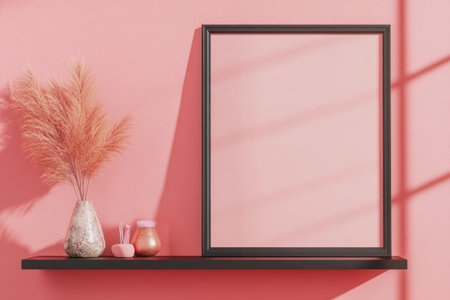 Minimalist black frame on the wall with a shelf and decoration, 3D rendering illustration. --ar 3:2 --v 6.1 Job ID: 4be13b93-5f39-461d-94a5-16d69fbd9563の素材