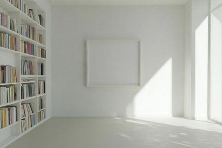 A white wall with an empty picture frame and a bookcase in the corner. Minimalist style. --ar 3:2 --v 6.1 Job ID: ec338040-5ced-479b-b4a7-c510483c0f22の素材
