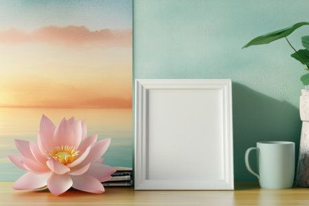 A simple white photo frame sits on the table, in a mockup style, with a beautiful flower in front of it and a green wall behind it. The scene includes an empty wooden desk with books and coffee mugs. A beautiful pink lotus is placed next to the picture frame. There's also a watercolor painting of a sunrise over calm waters in the background. --ar 3:2 --v 6.1 Job ID: 9cf7b076-3b40-47c4-9dcb-a193774840d1の素材