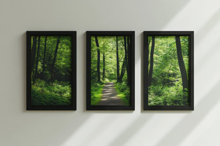 A black picture frame with three windows on the wall, a path in a green forest with trees and sunlight shining through, nature photography, a green color palette, soft lighting, and a white background. Mockup photo in the style of Canon EOS. --ar 3:2 --v 6.1 Job ID: 78b5b054-ea23-438b-bf56-aa8449a475bdの素材