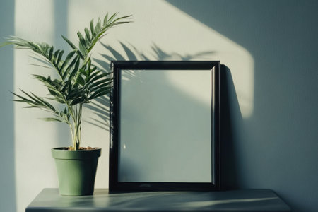 Minimalist mockup of an empty black frame on a table, with a gray wall background and a green potted flower, photorealistic, high resolution. --ar 3:2 --v 6.1 Job ID: 000f0afb-4ac1-4837-b985-afcc1a5eed5eの素材
