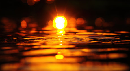 The sun's reflection on the water surface creates an orange glow, generating a warm and romantic atmosphere. The blurred background adds to its beauty. The image features an abstract blur, with dark brown and amber tones, a dark red background, high resolution, high detail, high-quality textures, high sharpness, high contrast, hyper-realistic, hyper-detailed, cinematic photography. --ar 95:52 --v 6.1 Job ID: b4db0b52-e38b-453d-91d9-3ed7e657a615の素材