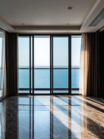 A wide-angle shot of an empty balcony with marble floor tiles in the style of modern luxury, overlooking an ocean view through floor-to-ceiling glass windows, with black-framed doors and curtains. Shot on a Sony Alpha A7 III using a 35mm lens at an f/2.8 aperture, with natural lighting, resulting in a hyper-realistic image. --ar 29:39 --v 6.1 Job ID: 1ee9698d-f95b-4a3f-8d4b-967c036843cdの素材