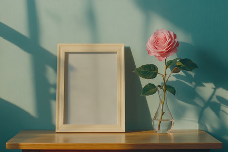A mockup of an empty white picture frame on top of a wooden table, next to it is a pink rose in a vase, minimalistic interior design photography, pastel green wall background, high resolution, sharp focus, studio lighting. --ar 3:2 --v 6.1 Job ID: 09fbc557-d192-4fbf-8d98-e0a3309114a7の素材