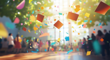 An animated illustration of confetti falling on graduation caps, set against the backdrop of an educational hall filled with students and family members celebrating their graduation ceremony, creating a festive atmosphere. The background is blurred to emphasize the colorful confetti, adding vibrancy and energy to the scene. This composition captures the joyous moment in a high school student's life, with blurred people and nature elements adding depth to the overall visual experience. --ar 78:43 --v 6.1 Job ID: a801e025-0f0a-4a36-8556-96124c710058の素材