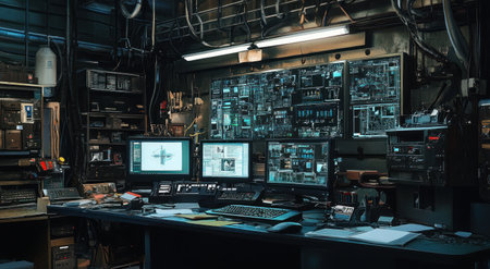 An engineer in an industrial factory works on computer screens displaying data and design software, surrounded by various electronic equipment. This documentary-style photography captures the scene with a Sony Alpha A7 III camera, resulting in high-resolution images of the tech devices. --ar 78:43 --v 6.1 Job ID: fa5796c5-a4b3-4341-8737-0698f2f623b6の素材