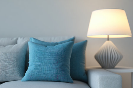 3D rendering of a modern living room interior design with a grey sofa and blue pillows, a table lamp on a white carpet floor against a light gray wall background in a home. The modern style decoration concept is for a house or apartment. The focus is centered on the sofa and table lamps, with soft lighting. --ar 3:2 --v 6.1 Job ID: 40abc862-eea3-477a-99bc-9fbc7c6a9813の素材