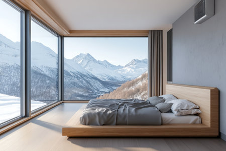 A bedroom with large windows overlooking the snow-capped mountains, a wooden bed and a modern air conditioner, light gray walls, a white ceiling, a light wood floor, soft lighting, a minimalist style, high-resolution photography, hyper-realistic details, an interior design magazine cover, high-definition image quality, a high-angle view, a wide-angle lens, and natural light. --ar 3:2 --v 6.1 Job ID: 8b439eed-8da5-45dd-aa39-2fc5b714cfcfの素材