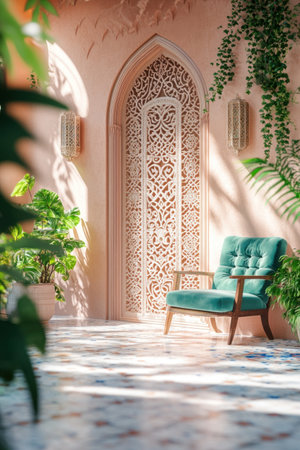 A beautiful Islamic door with arabesque and ornate patterns, carved in wood and glass, painted light pink. In the background, there is an emerald blue armchair, white floor tiles with geometric, colorful designs, plants, and sunlight. This is a hyper-realistic photograph. --ar 2:3 --v 6.1 Job ID: bff4f902-d0fa-4930-9364-becc874a7e04の素材