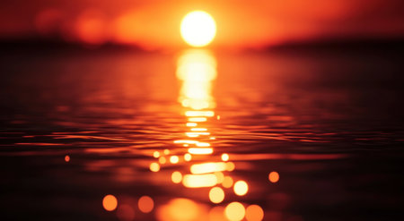 The sun's reflection on the water surface creates an orange glow, generating a warm and romantic atmosphere. The blurred background adds to its beauty. The image features an abstract blur, with dark brown and amber tones, a dark red background, high resolution, high detail, high-quality textures, high sharpness, high contrast, hyper-realistic, hyper-detailed, cinematic photography. --ar 95:52 --v 6.1 Job ID: b4db0b52-e38b-453d-91d9-3ed7e657a615の素材