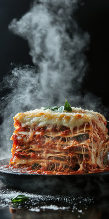 An advertising shot for lasagna, a stack of layers with tomato sauce and cheese on top, a black background behind it, steam rising from the inside of the lasagna. Realistic portrait photography in the style of Troubadour. --ar 1:2 --v 6.1 Job ID: c8499377-c2fa-41d3-9a4d-8390c66b7e67の素材