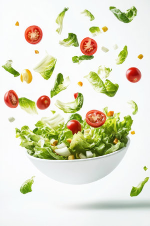 A bowl of salad floating in the air, with lettuce and tomatoes flying around it. The background is white. Photorealistic digital artwork in the style of a surreal, levitating food scene. --ar 2:3 --v 6.1 Job ID: 8a8263b0-63de-4e4a-b496-ef776b1a33e5の素材