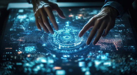 A close-up shot of hands interacting with an interactive table displaying futuristic technology, holographic displays, and digital graphics floating above the surface, symbolizing advanced AI research in business and military applications. --ar 78:43 --v 6.1 Job ID: ed89caa3-9231-4b9f-b1d4-fb0202c6f645の素材