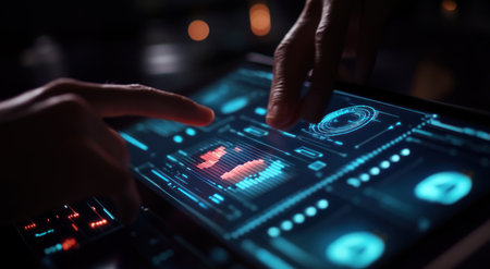 A close-up of hands interacting with an advanced tablet displaying digital data and graphs, symbolizing the integration of technology in business. The background is dark to highlight details on screen, with soft lighting creating depth and contrast between the foreground and background. --ar 78:43 --v 6.1 Job ID: 61fde2d4-8e37-4575-acff-59e1387e96b6の素材