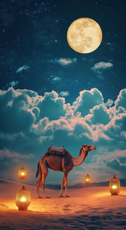 A camel walking in the desert, lanterns floating around it, clouds in the sky with moonlight shining through, in the style of digital art. --ar 43:78 --v 6.1 Job ID: 264ef9fc-eb6d-49d9-9a63-d8f6158058a1の素材