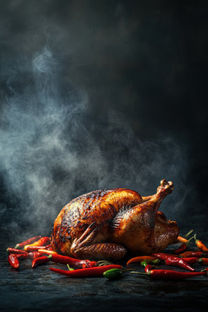 A large, whole chicken, perfectly grilled and placed on the table with chili peppers scattered around it. The background is a dark gray with smoke swirling from under its body. High-resolution photography, insanely detailed, fine details, a professional stock photo with color grading, soft shadows, low contrast, and a clean, sharp focus. --ar 2:3 --v 6.1 Job ID: e066ca32-07bc-4511-ac88-44d88ec3d5feの素材
