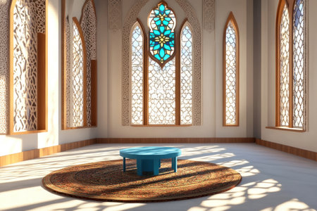 3D render of the interior design of an Islamic mosque. There is a large window with stained glass in front, and the surrounding walls are white with brown wooden trims. A blue table sits on a circular carpet, and the walls feature intricate geometric patterns. Sunlight shines through the windows, creating shadows on the floor. --ar 3:2 --v 6.1 Job ID: 45156ce6-8e93-4c64-b6af-4d612ec34663の素材