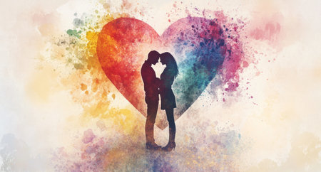 A heart shape made of watercolor splashes, with silhouettes of two people embracing in the background. The colors should be vibrant and softly blending into each other. --ar 95:51 --v 6.1 Job ID: 090869a6-60fa-4a3f-b36c-0838d4930f86の素材