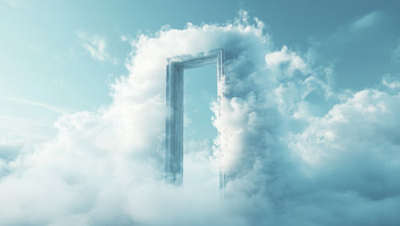 A door is open, with white clouds flowing out of it, creating an illusion that the door leads to another world in a light blue background. The concept symbolizes mystery and imagination, evoking curiosity about what lies beyond the door. It adds a surreal touch to any design, adding depth, contrast, or mystery elements. This image can be used for creative projects like advertising, visual storytelling, or graphic design. --ar 39:22 --v 6.1 Job ID: ce359417-d3b7-4b70-b839-4a78a92637d6の素材
