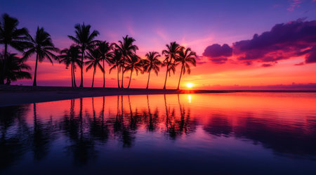 A stunning sunset over the tropical beach, with palm trees silhouetted against an orange and purple sky, reflecting on crystal-clear water. Captured with a Sony Alpha A7R IV, using natural light, resulting in vibrant colors and high-resolution photography with insane detail and fine details. This image is suitable for use as a stock photo, with professional color grading. --ar 9:5 --v 6.1 Job ID: 7d8e9efd-5d20-4950-8429-7742e940b7f4の素材