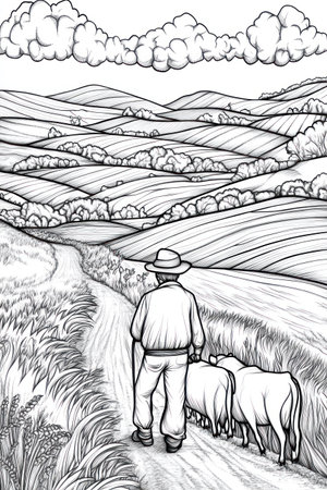 A farmer tending to his cattle in the rolling hills of an English countryside, a coloring page for adults, with thick lines, in black and white, in grayscale. --ar 2:3 --v 6.1 Job ID: 9a7f7035-3bef-4a90-a299-f6b8629c8ae9の素材