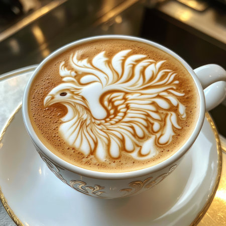 A photograph of an artfully crafted latte in a white cup with a beautiful foam design, placed on a table in a coffee shop. The close-up shot is in high resolution with natural lighting, taken with a Canon EOS camera. --v 6.1 Job ID: 5a4aa251-9a19-4f92-928f-a13d8b15f4e1の素材