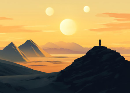 A serene desert landscape at sunset, with mountains in the background and an endless sea stretching out before them. The sun is setting behind one of these mountains, casting long shadows across the sand dunes. A silhouetted figure stands on top of another mountain, looking towards the horizon where two moons can be seen hanging low over the water. This scene evokes feelings of mystery and wonder as it combines elements from both fantasy and realism. Digital illustration in the style of a vector graphic. --ar 32:23 --v 6.1 Job ID: 2c5f8489-1d67-440a-b63d-30c3ab1caaccの素材