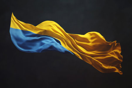 3D render of the yellow and blue flag of Ukraine flying on a dark background. The Ukrainian national symbol banner is waving in the wind. This is a beautiful banner for design, presentation, or travel advertisements with copy space. 2/4000s f/8 ISO 500 f/9 --ar 3:2 --v 6.1 Job ID: 45d9eecc-c9ce-449e-ade3-8d3d475afd76の素材