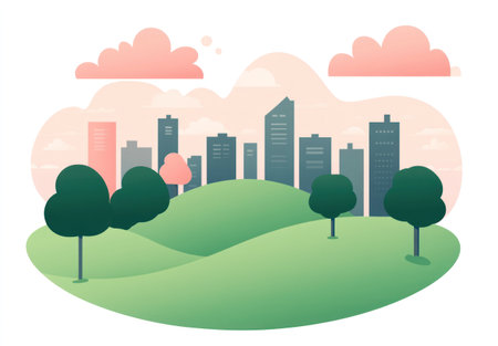 Flat vector illustration of a cityscape with a park, featuring a simple design, pastel colors, a cute style, simple shapes, and a minimalistic approach. The background is a white background, with green hills and trees in the foreground, and a skyline with buildings and clouds in the background. The sky is a pink color, creating a colorful, cartoonish, and simple flat vector graphic art. --ar 43:30 --v 6.1 Job ID: 2e0be4a4-eca3-4b8b-aa3a-e48b5f9b4fadの素材
