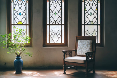 A traditional wooden chair with a white cushion and intricate designs is placed in front of three large stained glass windows with geometric patterns, against an empty wall. The room is illuminated by natural light coming through the windows. A small blue vase sits beside the chair on the floor. There is no other furniture or decor around, except for one plant near each side of the armchair. --ar 3:2 --v 6.1 Job ID: 5661987f-9799-4387-8711-2927d187539eの素材
