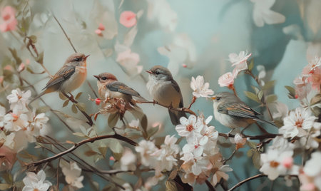 A group of small birds perched on the branches, with delicate pink and white blossoms in full bloom around them. The background is blurred to focus attention on these little birds. --ar 5:3 --v 6.1 Job ID: a6f65b06-d7f3-4a1f-9c09-de5b1ddc0b1aの素材