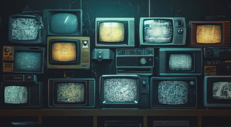 A row of old, dusty television sets displaying static in the style of vintage 80s sci-fi magazine art. The atmosphere is dark and moody with a hint of nostalgia, reminiscent of classic science fiction books. Each screen has different shades of yellow or blue. In one corner, there's an antique VHS player on top of another TV set. It feels like you're standing inside that room from your childhood memories, where technology was just starting to take off but had not yet become as advanced as it is today. --ar 95:52 --v 6.1 Job ID: ab7dc61c-545c-4e04-a5be-d0435fee1008の素材