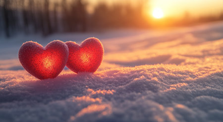 3D glowing red hearts in a snowy landscape at sunset, a Valentine's Day background with beautiful winter scenery and warming hues of the sunlight. --ar 47:26 --v 6.1 Job ID: 778e3caa-c039-4d06-b333-9c090b7bd263の素材