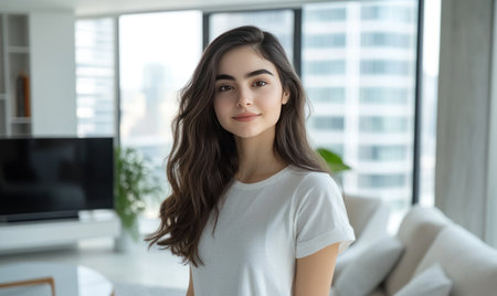 A modern living room with large windows, white walls, and grey floor tiles. The focal point is the sofa in front of an empty wall mockup, accompanied by two armchairs and a coffee table. A television on one side casts soft light into the space. There's also a potted plant adding life to the scene. --ar 5:3 --v 6.1 Job ID: 1be4aa6e-7ccb-438a-a152-824278dadb77の素材