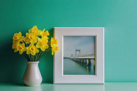 A simple white wooden photo frame on the table, with yellow daffodils in a vase beside it and an iconic British pier bridge in the photograph inside the picture frame, in a minimalist style, with a green wall background, clean lines, natural light, soft pastel colors, and high-resolution photography. --ar 3:2 --v 6.1 Job ID: 7984bcf6-f078-47d2-bd71-bba41ec2fcf9の素材