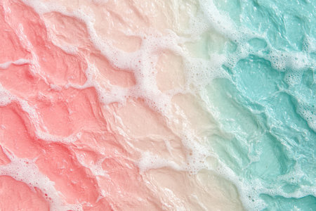 Beautiful beach with waves and sand, close-up of the water's edge with pink and turquoise colors, top view. Minimalist natural background, detailed photo, high resolution, professional photograph. Super-resolution preserves every detail in sharp focus, creating an almost hyper-realistic effect, captured in the style of Sony Alpha A7 III camera with FE24-85mm f/4 G OSS lens. --ar 3:2 --v 6.1 Job ID: 17bcdc51-1a8b-4b06-a2be-f33c31c1b0aaの素材