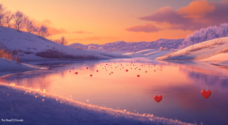 A river of heart-shaped water, in the style of a cartoon, in the style of Disney Pixar's "The Road to El Dorado" animation style, with soft lighting, pastel colors, a beautiful landscape, hills covered in snow, and an orange sky, with small red hearts floating on top of the water. --ar 95:52 --v 6.1 Job ID: 311a74c9-b772-4b12-b60e-c21abd387f19の素材