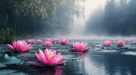 Beautiful fantasy lake with pink water lilies, a foggy forest in the background, ultra-realistic photography. --ar 78:43 --v 6.1 Job ID: 155efc23-76a2-49be-b281-cd0f54f1835dの素材