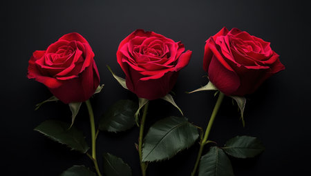 Black background with three red roses. Dark and mysterious wallpaper for Valentine's Day. Black background with three deep red flowers. Elegant and beautiful wallpaper for lovers, in the style of graphic design, minimalist design, high resolution, high quality, high detail, high sharpness, high contrast, high color depth, super realistic photography, natural light, professional studio lighting, Octane rendering, advertising photography, commercial photography, magazine cover shooting. --ar 53:30 --v 6.1 Job ID: 5042f6d1-f2dd-416d-b877-c95dfdceb1a3の素材