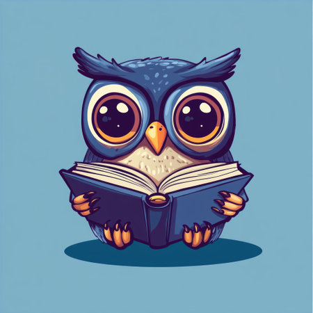 A cute owl reading a book, with a simple, flat cartoon design. This vector illustration features t-shirt graphics on a blue background. The artwork should be detailed and clear, capturing the adorable essence of each character in playful colors. T-shirt graphic style in the style of Jean-Baptiste Monge. --v 6.1 Job ID: 949e39e7-c0b0-4072-ad21-ec637f3982f3の素材